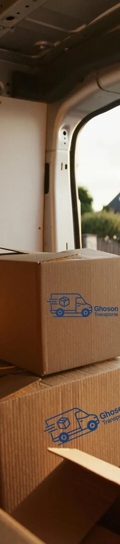 Kartonboxen mit dem Ghoson Transporte-Logo in einem Lieferwagen Gestapelte Kartons mit der Aufschrift "Ghoson Transporte" in einem offenen Lieferwagen, bereit für den Transport.